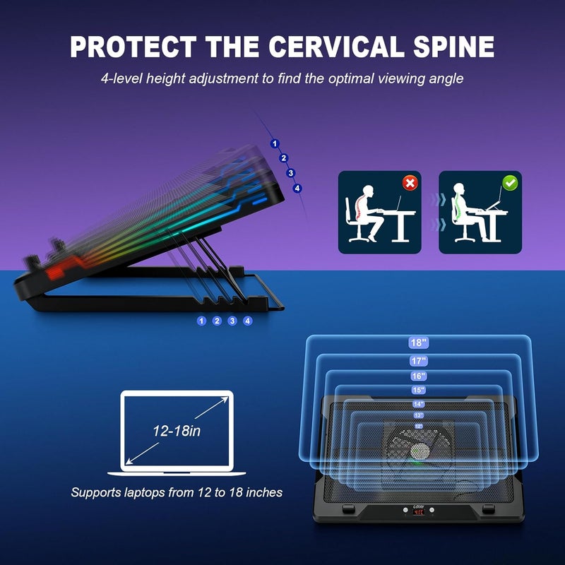 G-STORY Gaming Laptop Cooling Pad with Movable Fan and Automatic Speed Adjustable by Temperature,Music Sync RGB Light,Low Noise Laptop Cooler 3 Speed 1500/1750/2000RPM(140MM) Stand 12–18" Notebook - Image 4